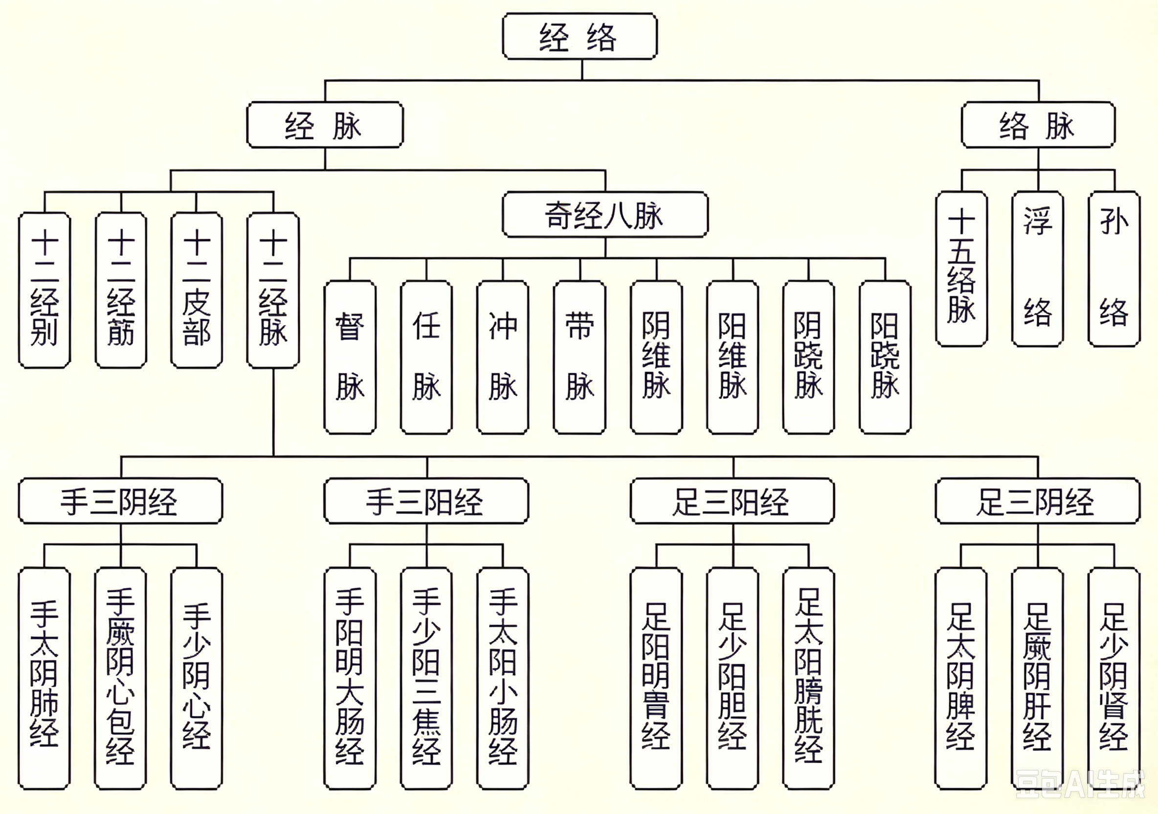 经络主干‑分支网络意境示意图
